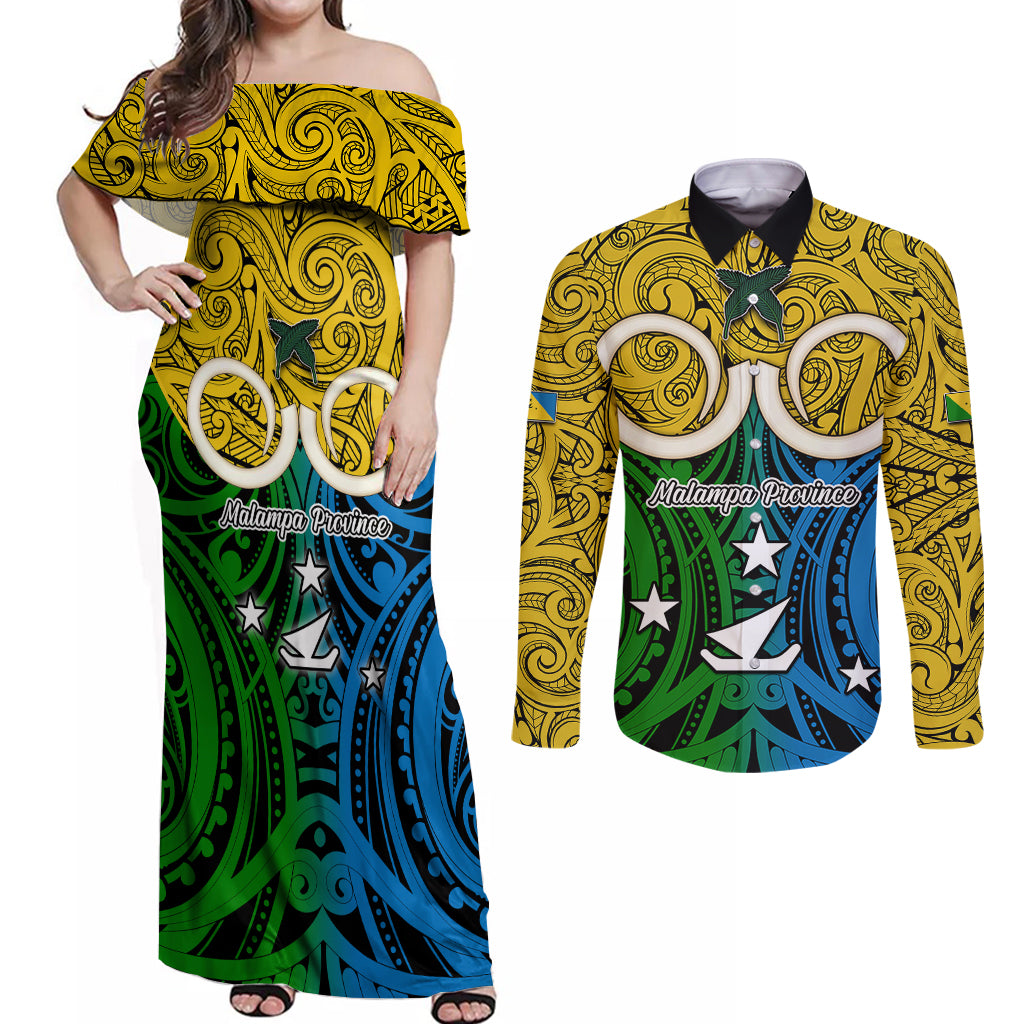 Personalised Vanuatu Malampa Province Couples Matching Off Shoulder Maxi Dress and Long Sleeve Button Shirts Pig Tusk Mix Maori Pattern and Namele Leaf LT03 Yellow - Polynesian Pride