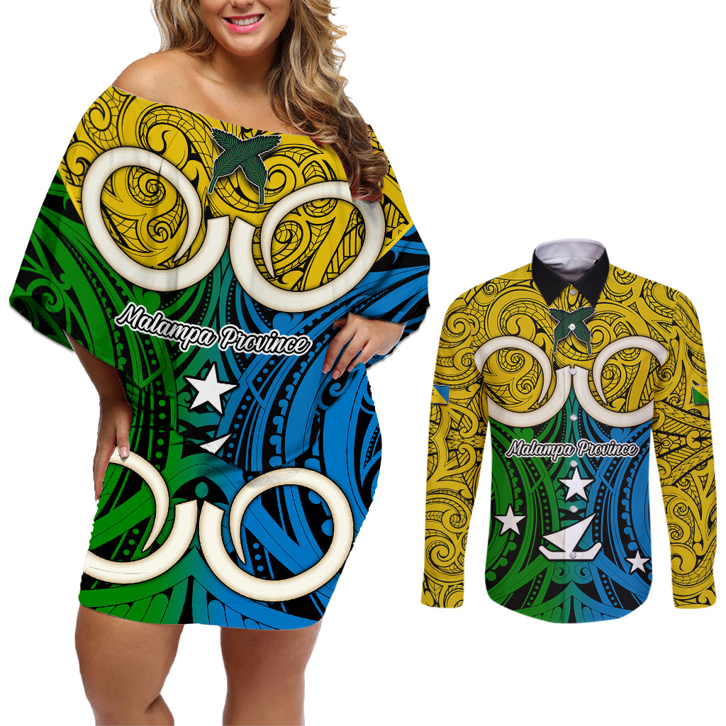 Personalised Vanuatu Malampa Province Couples Matching Off Shoulder Short Dress and Long Sleeve Button Shirts Pig Tusk Mix Maori Pattern and Namele Leaf LT03 Yellow - Polynesian Pride