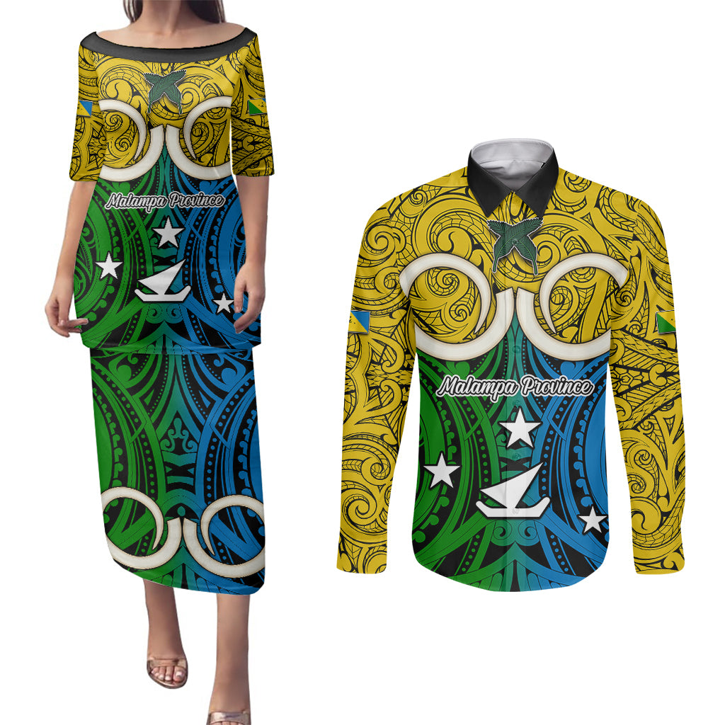 Personalised Vanuatu Malampa Province Couples Matching Puletasi Dress and Long Sleeve Button Shirts Pig Tusk Mix Maori Pattern and Namele Leaf LT03 Yellow - Polynesian Pride