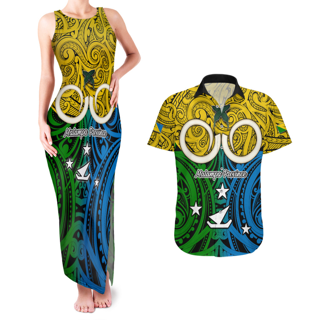 Personalised Vanuatu Malampa Province Couples Matching Tank Maxi Dress and Hawaiian Shirt Pig Tusk Mix Maori Pattern and Namele Leaf LT03 Yellow - Polynesian Pride