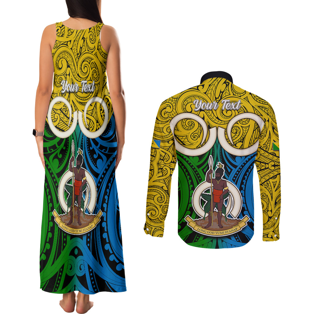 Personalised Vanuatu Malampa Province Couples Matching Tank Maxi Dress and Long Sleeve Button Shirts Pig Tusk Mix Maori Pattern and Namele Leaf LT03 - Polynesian Pride