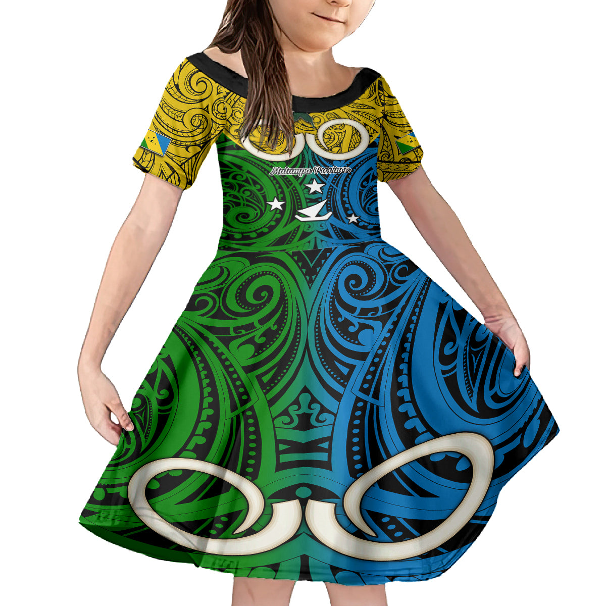 Personalised Vanuatu Malampa Province Family Matching Off Shoulder Maxi Dress and Hawaiian Shirt Pig Tusk Mix Maori Pattern and Namele Leaf LT03 Daughter's Dress Yellow - Polynesian Pride