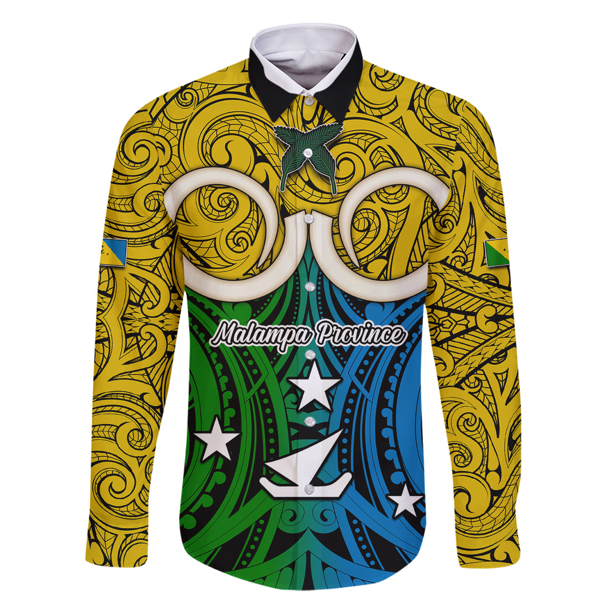 Personalised Vanuatu Malampa Province Family Matching Off Shoulder Short Dress and Hawaiian Shirt Pig Tusk Mix Maori Pattern and Namele Leaf LT03 Dad's Shirt - Long Sleeve Yellow - Polynesian Pride