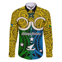 Personalised Vanuatu Malampa Province Family Matching Off Shoulder Short Dress and Hawaiian Shirt Pig Tusk Mix Maori Pattern and Namele Leaf LT03 Dad's Shirt - Long Sleeve Yellow - Polynesian Pride