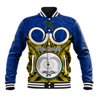 Vanuatu Torba Province Baseball Jacket Pig Tusk Mix Maori Pattern and Namele Leaf LT03 Unisex Blue - Polynesian Pride