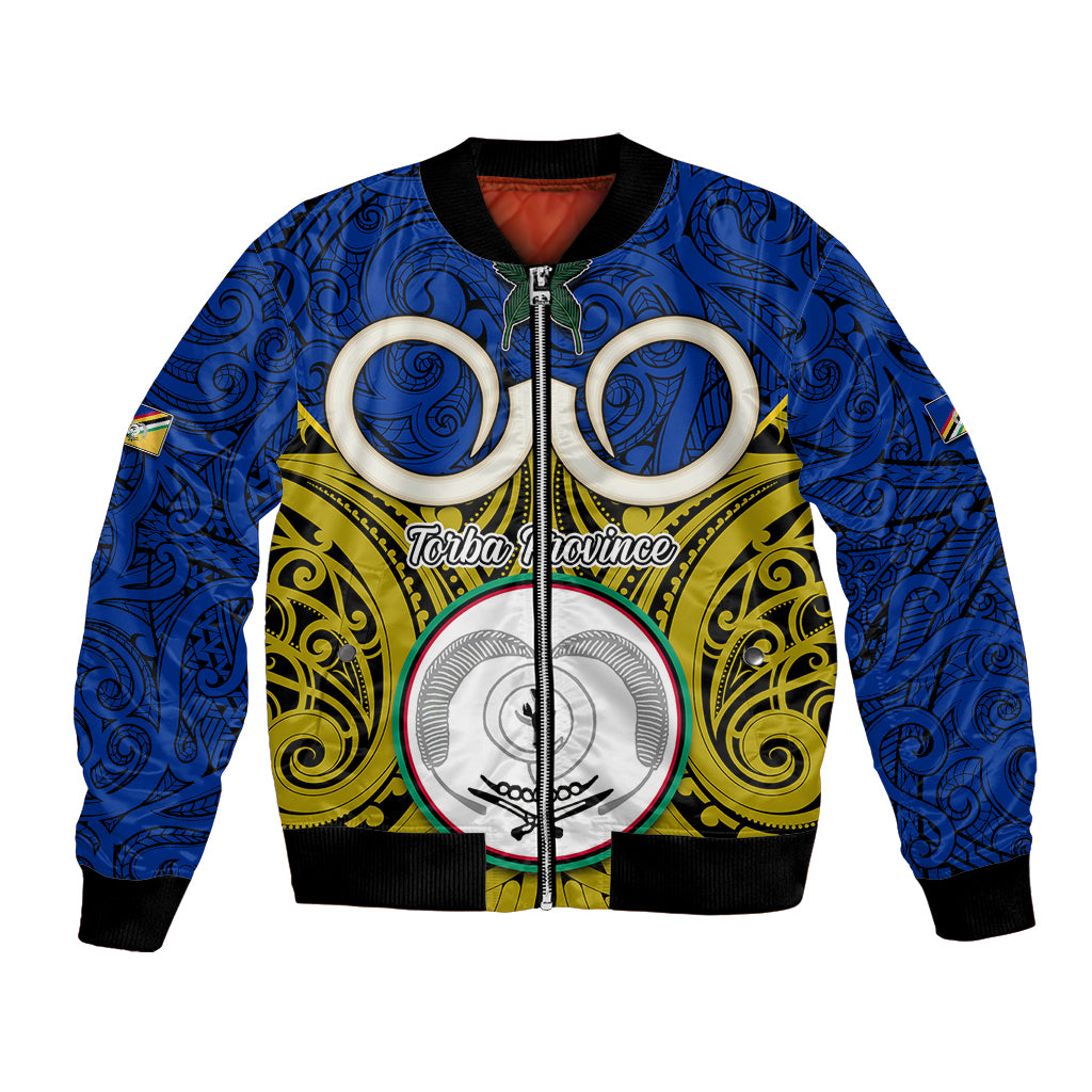 Vanuatu Torba Province Bomber Jacket Pig Tusk Mix Maori Pattern and Namele Leaf LT03 Unisex Blue - Polynesian Pride