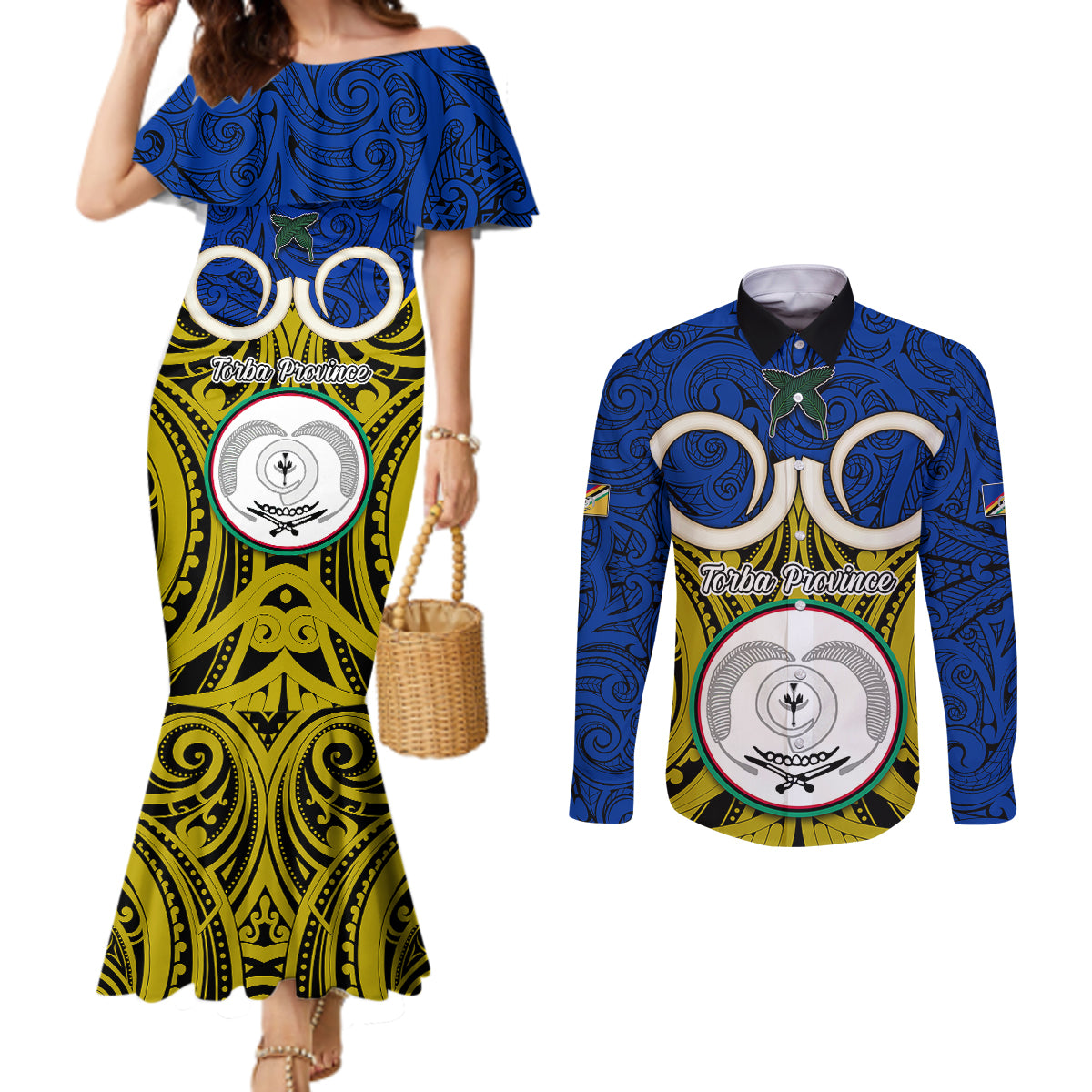 Vanuatu Torba Province Couples Matching Mermaid Dress and Long Sleeve Button Shirts Pig Tusk Mix Maori Pattern and Namele Leaf LT03 Blue - Polynesian Pride