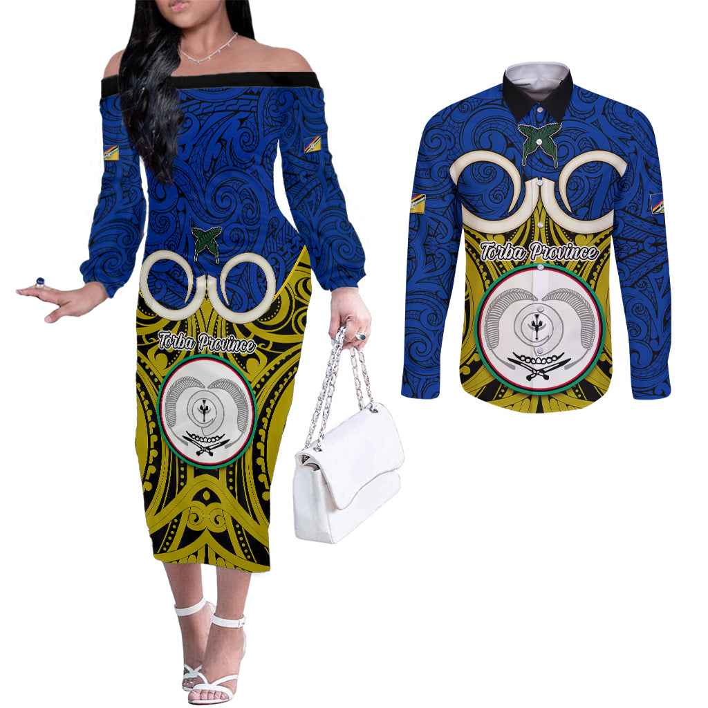 Vanuatu Torba Province Couples Matching Off The Shoulder Long Sleeve Dress and Long Sleeve Button Shirts Pig Tusk Mix Maori Pattern and Namele Leaf LT03 Blue - Polynesian Pride
