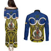 Vanuatu Torba Province Couples Matching Puletasi Dress and Long Sleeve Button Shirts Pig Tusk Mix Maori Pattern and Namele Leaf LT03 - Polynesian Pride