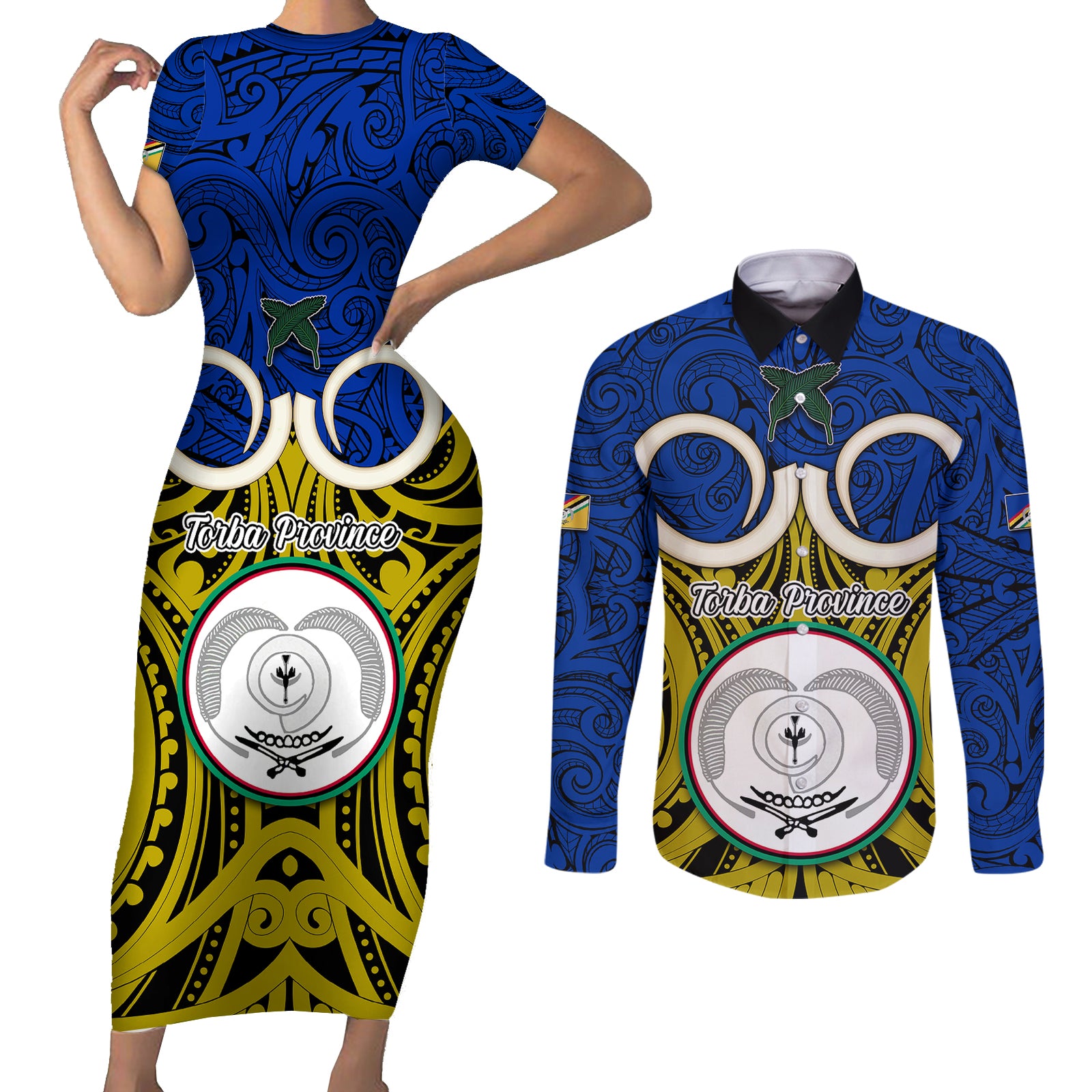 Vanuatu Torba Province Couples Matching Short Sleeve Bodycon Dress and Long Sleeve Button Shirts Pig Tusk Mix Maori Pattern and Namele Leaf LT03 Blue - Polynesian Pride