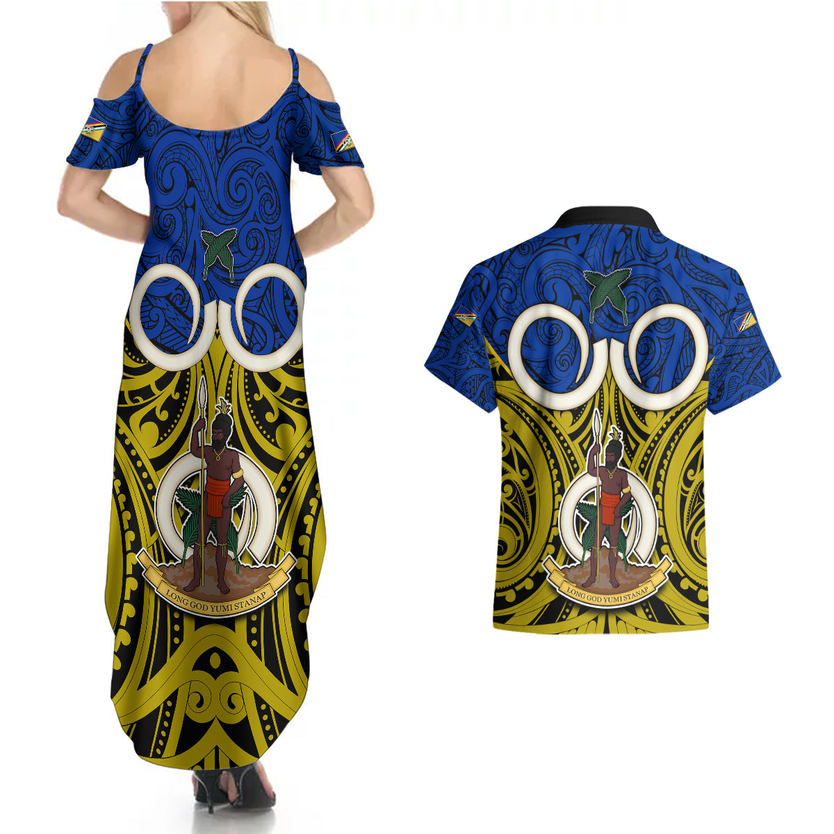 Vanuatu Torba Province Couples Matching Summer Maxi Dress and Hawaiian Shirt Pig Tusk Mix Maori Pattern and Namele Leaf LT03 - Polynesian Pride