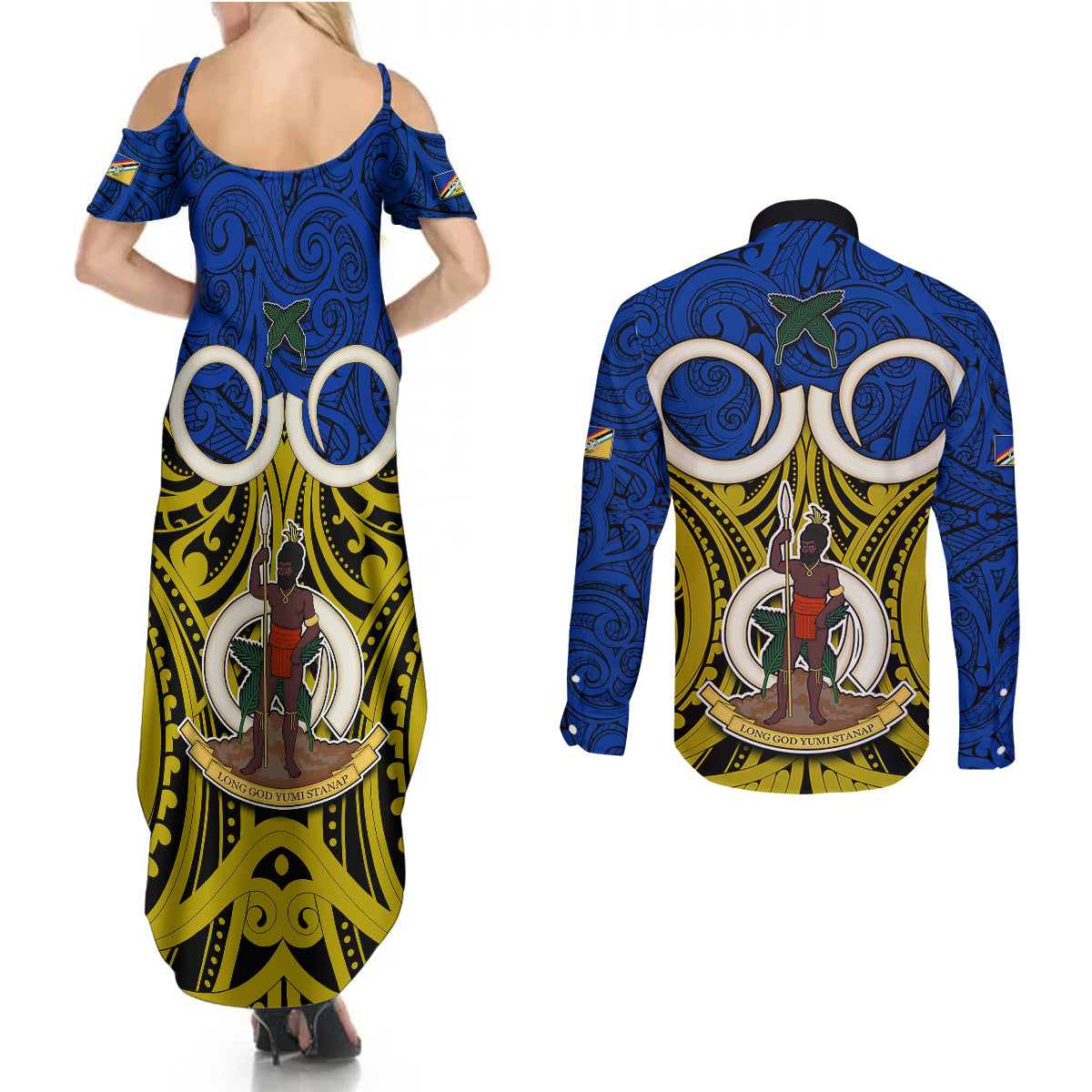 Vanuatu Torba Province Couples Matching Summer Maxi Dress and Long Sleeve Button Shirts Pig Tusk Mix Maori Pattern and Namele Leaf LT03 - Polynesian Pride