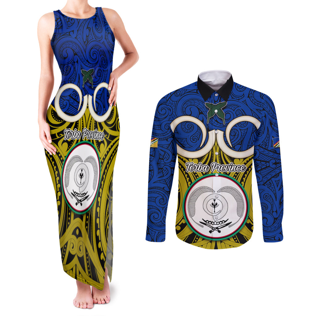 Vanuatu Torba Province Couples Matching Tank Maxi Dress and Long Sleeve Button Shirts Pig Tusk Mix Maori Pattern and Namele Leaf LT03 Blue - Polynesian Pride