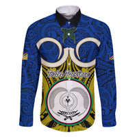 Vanuatu Torba Province Family Matching Off Shoulder Long Sleeve Dress and Hawaiian Shirt Pig Tusk Mix Maori Pattern and Namele Leaf LT03 Dad's Shirt - Long Sleeve Blue - Polynesian Pride
