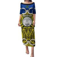 Vanuatu Torba Province Family Matching Puletasi Dress and Hawaiian Shirt Pig Tusk Mix Maori Pattern and Namele Leaf LT03 Mom's Dress Blue - Polynesian Pride
