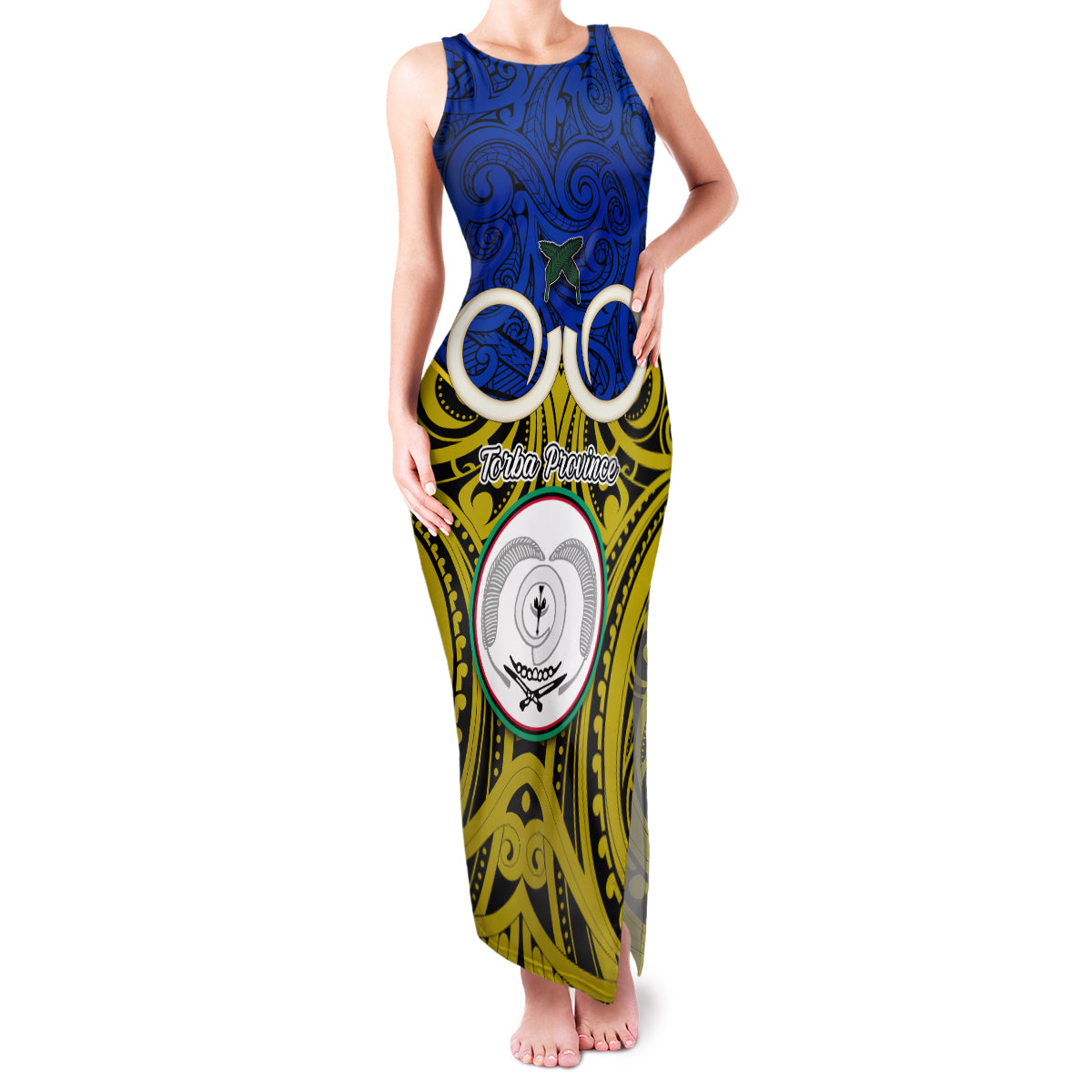 Vanuatu Torba Province Family Matching Tank Maxi Dress and Hawaiian Shirt Pig Tusk Mix Maori Pattern and Namele Leaf LT03 Mom's Dress Blue - Polynesian Pride