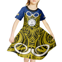 Vanuatu Torba Province Kid Short Sleeve Dress Pig Tusk Mix Maori Pattern and Namele Leaf LT03 - Polynesian Pride