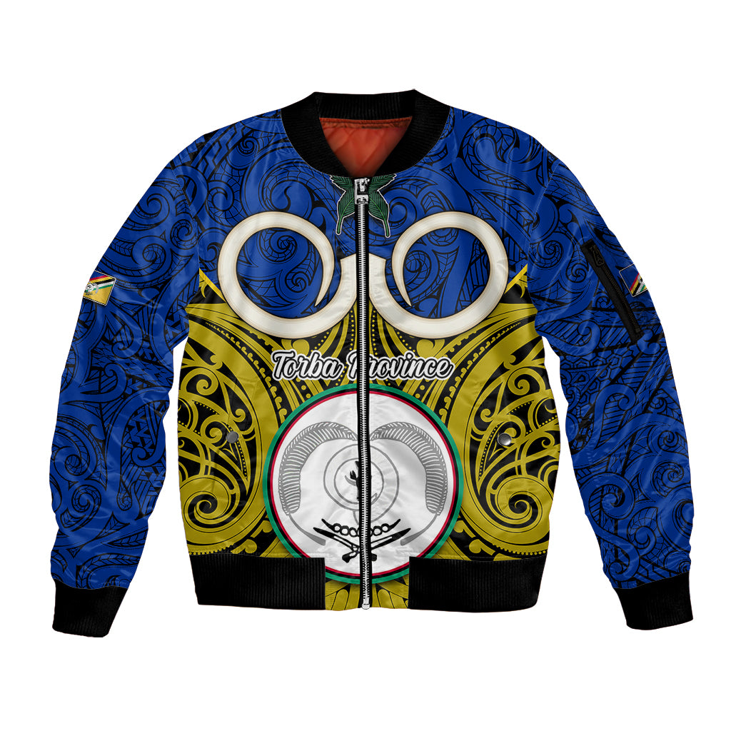 Vanuatu Torba Province Sleeve Zip Bomber Jacket Pig Tusk Mix Maori Pattern and Namele Leaf LT03 Unisex Blue - Polynesian Pride