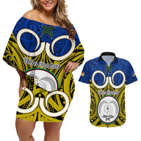 Personalised Vanuatu Torba Province Couples Matching Off Shoulder Short Dress and Hawaiian Shirt Pig Tusk Mix Maori Pattern and Namele Leaf LT03 Blue - Polynesian Pride