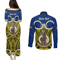 Personalised Vanuatu Torba Province Couples Matching Puletasi Dress and Long Sleeve Button Shirts Pig Tusk Mix Maori Pattern and Namele Leaf LT03 - Polynesian Pride