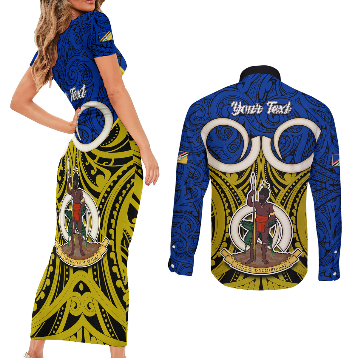Personalised Vanuatu Torba Province Couples Matching Short Sleeve Bodycon Dress and Long Sleeve Button Shirts Pig Tusk Mix Maori Pattern and Namele Leaf LT03 - Polynesian Pride