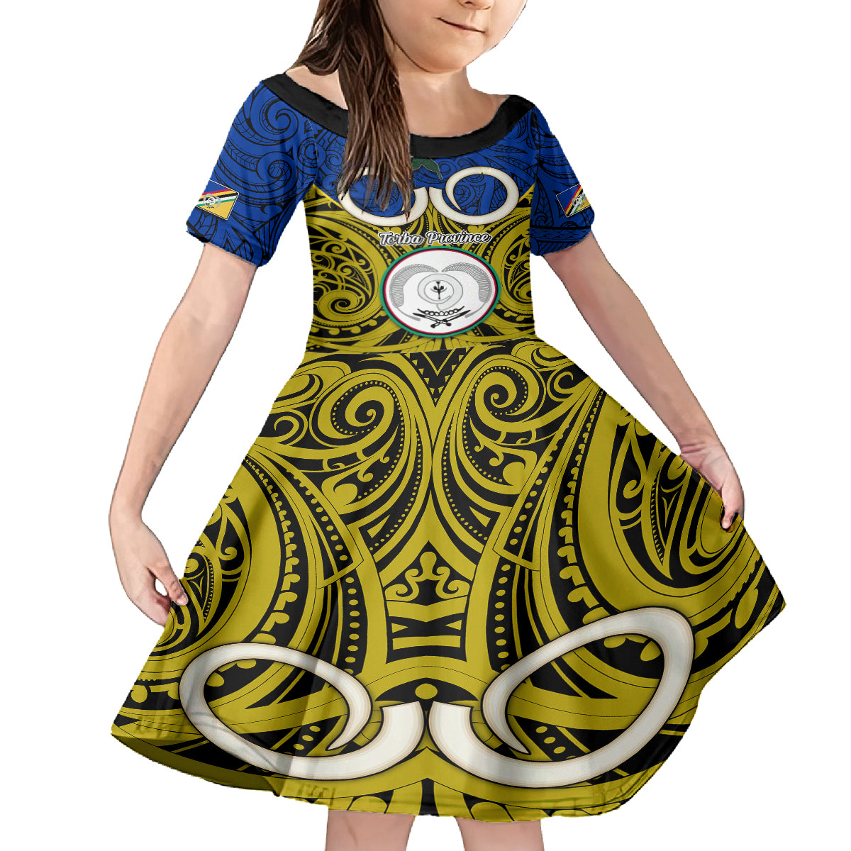 Personalised Vanuatu Torba Province Family Matching Off Shoulder Maxi Dress and Hawaiian Shirt Pig Tusk Mix Maori Pattern and Namele Leaf LT03 Daughter's Dress Blue - Polynesian Pride