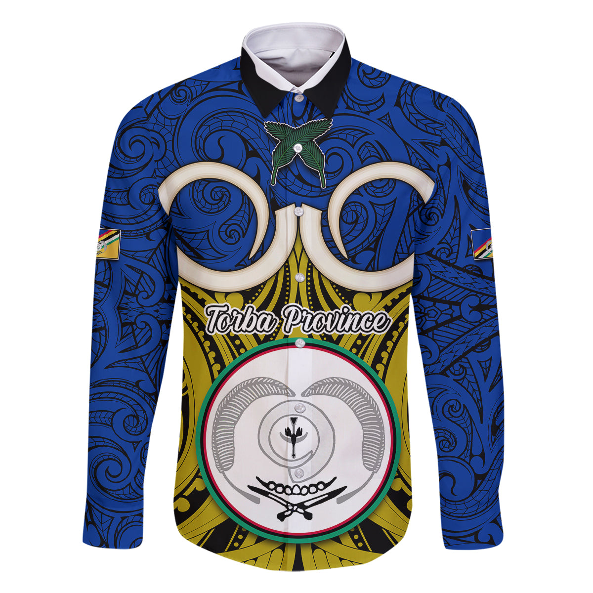 Personalised Vanuatu Torba Province Family Matching Off Shoulder Short Dress and Hawaiian Shirt Pig Tusk Mix Maori Pattern and Namele Leaf LT03 Dad's Shirt - Long Sleeve Blue - Polynesian Pride