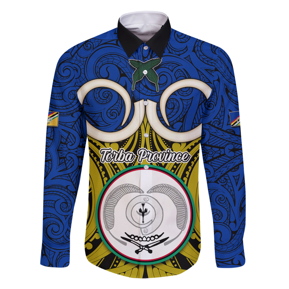 Personalised Vanuatu Torba Province Family Matching Puletasi Dress and Hawaiian Shirt Pig Tusk Mix Maori Pattern and Namele Leaf LT03 Dad's Shirt - Long Sleeve Blue - Polynesian Pride