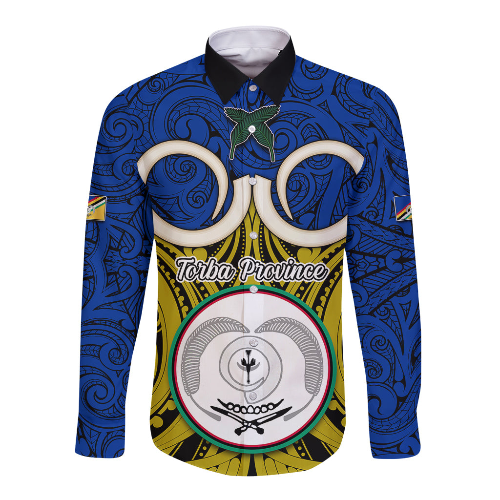 Personalised Vanuatu Torba Province Long Sleeve Button Shirt Pig Tusk Mix Maori Pattern and Namele Leaf LT03 Unisex Blue - Polynesian Pride