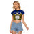 Personalised Vanuatu Torba Province Raglan Cropped T Shirt Pig Tusk Mix Maori Pattern and Namele Leaf LT03 Female Blue - Polynesian Pride
