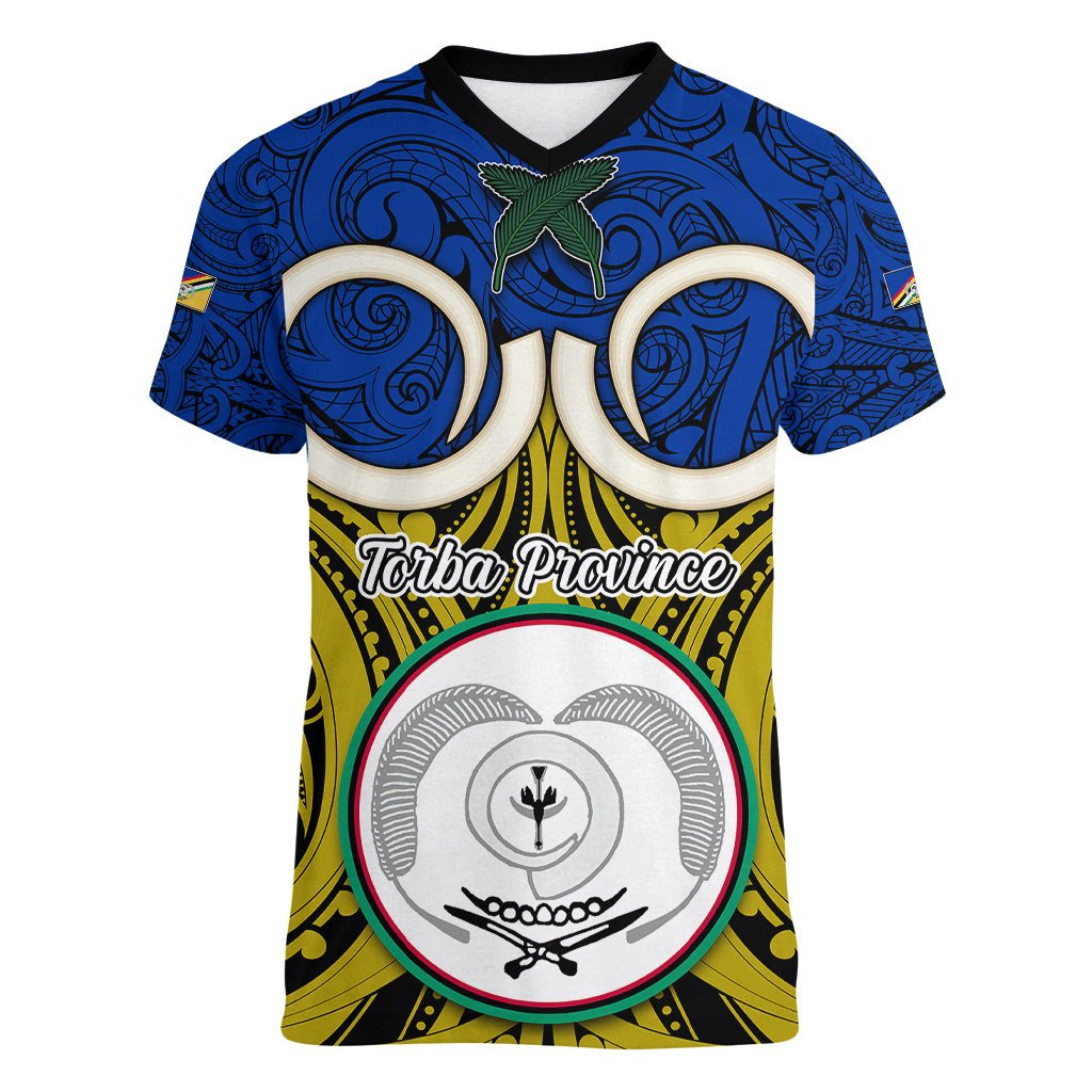 Personalised Vanuatu Torba Province Women V Neck T Shirt Pig Tusk Mix Maori Pattern and Namele Leaf LT03 Female Blue - Polynesian Pride