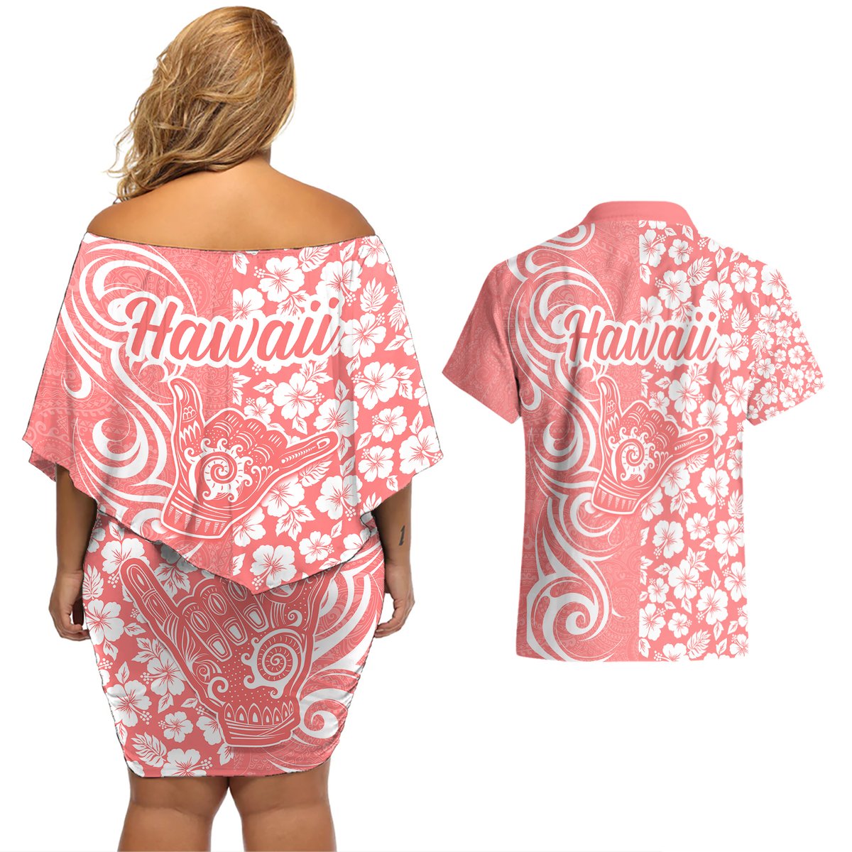 Hawaii Kauai Island Couples Matching Off Shoulder Short Dress and Hawaiian Shirt Hibiscus Pattern Seamless Tribal Simple Pink Pastel LT03 - Polynesian Pride