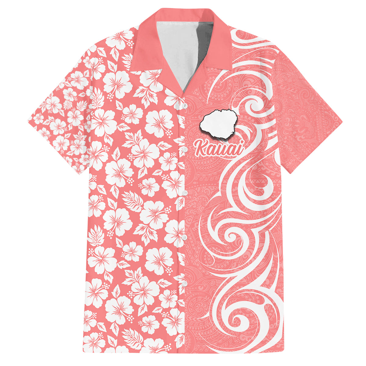 Hawaii Kauai Island Family Matching Off Shoulder Long Sleeve Dress and Hawaiian Shirt Hibiscus Pattern Seamless Tribal Simple Pink Pastel LT03 Dad's Shirt - Short Sleeve Pink - Polynesian Pride