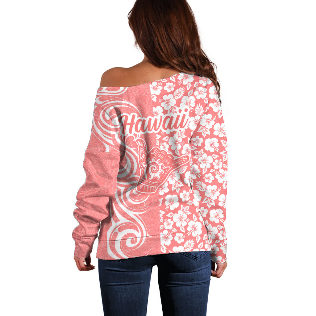 Hawaii Kauai Island Off Shoulder Sweater Hibiscus Pattern Seamless Tribal Simple Pink Pastel LT03 - Polynesian Pride