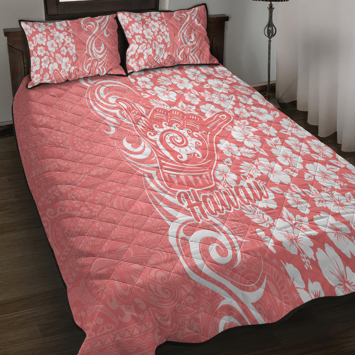 Hawaii Kauai Island Quilt Bed Set Hibiscus Pattern Seamless Tribal Simple Pink Pastel LT03 - Polynesian Pride