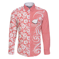 Custom Hawaii Kauai Island Family Matching Off Shoulder Short Dress and Hawaiian Shirt Hibiscus Pattern Seamless Tribal Simple Pink Pastel LT03 Dad's Shirt - Long Sleeve Pink - Polynesian Pride