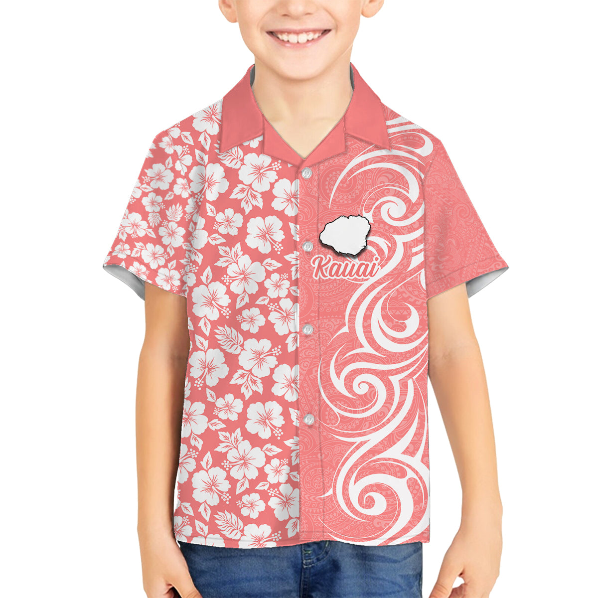 Custom Hawaii Kauai Island Family Matching Off Shoulder Short Dress and Hawaiian Shirt Hibiscus Pattern Seamless Tribal Simple Pink Pastel LT03 Son's Shirt Pink - Polynesian Pride
