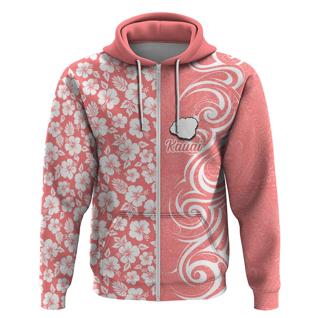 Custom Hawaii Kauai Island Hoodie Hibiscus Pattern Seamless Tribal Simple Pink Pastel LT03 Zip Hoodie Pink - Polynesian Pride