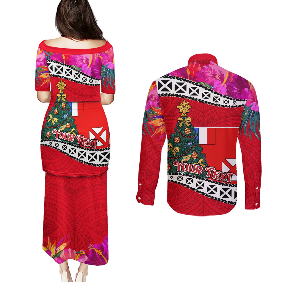 Custom Wallis and Futuna Christmas Couples Matching Puletasi Dress and Long Sleeve Button Shirt Santa Claus Holding Coat of Arms Polynesian Xmas Style LT03 - Polynesian Pride