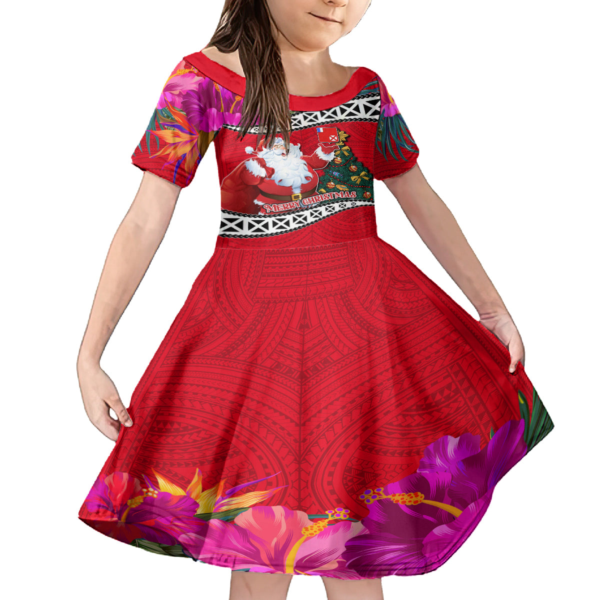 Custom Wallis and Futuna Christmas Family Matching Off Shoulder Long Sleeve Dress and Hawaiian Shirt Santa Claus Holding Coat of Arms Polynesian Xmas Style LT03 Daughter's Dress Red - Polynesian Pride