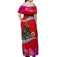 Custom Wallis and Futuna Christmas Off Shoulder Maxi Dress Santa Claus Holding Coat of Arms Polynesian Xmas Style LT03 - Polynesian Pride