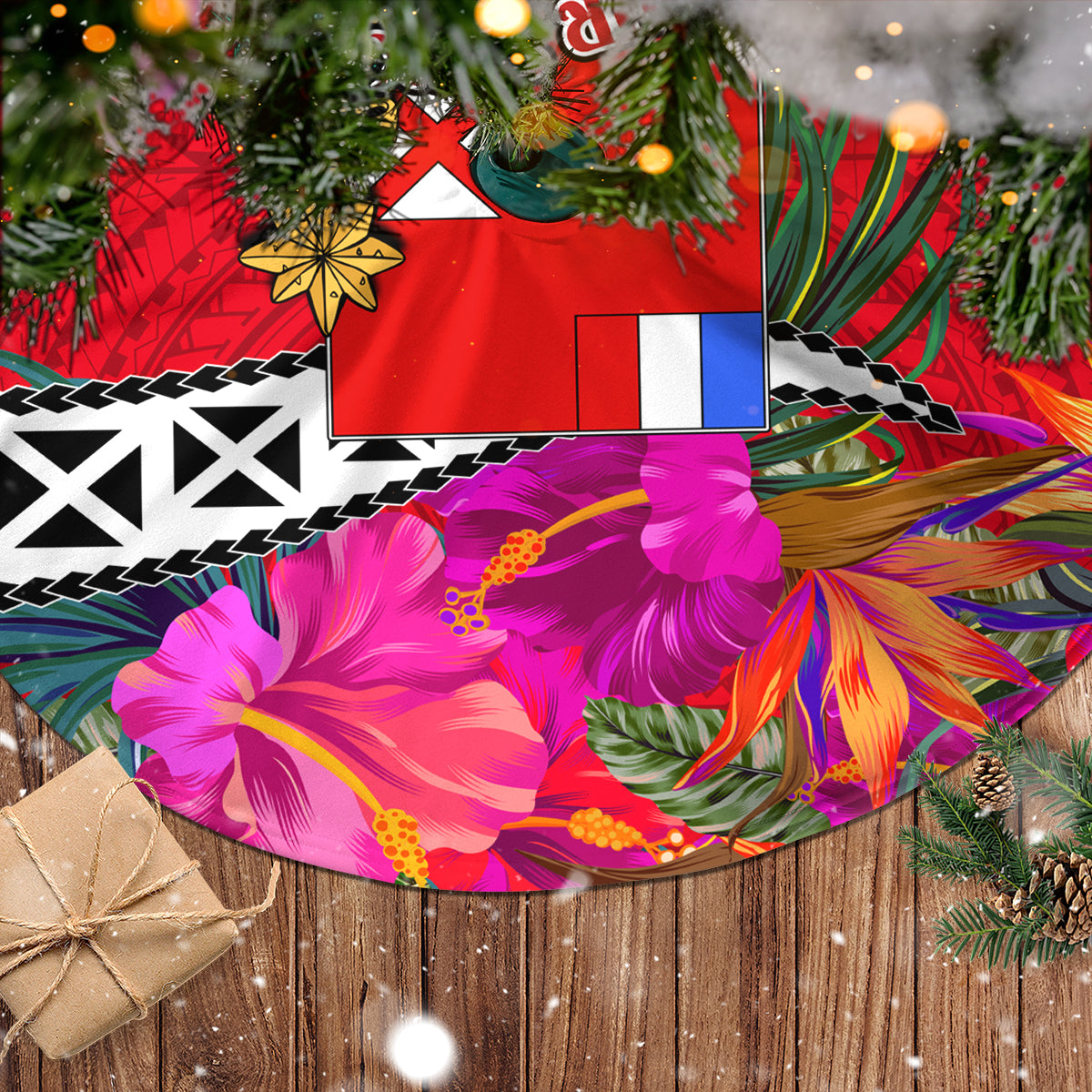 Custom Wallis and Futuna Christmas Tree Skirt Santa Claus Holding Coat of Arms Polynesian Xmas Style LT03 - Polynesian Pride