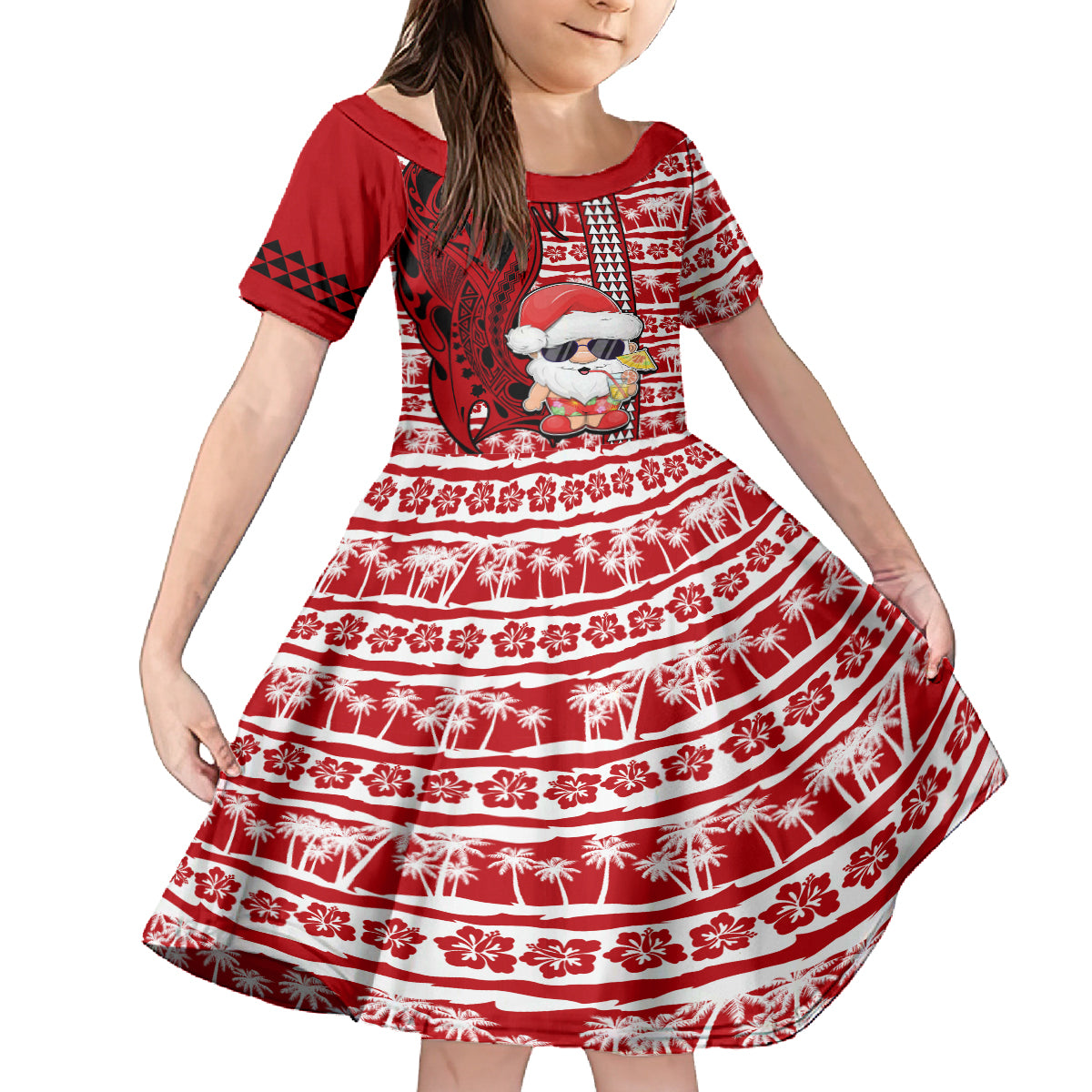 Mele Kalikimaka Hawaii Christmas Family Matching Long Sleeve Bodycon Dress and Hawaiian Shirt Santa Claus Kakau Tribal Mix Polynesia Tattoo LT03 Daughter's Dress Red - Polynesian Pride
