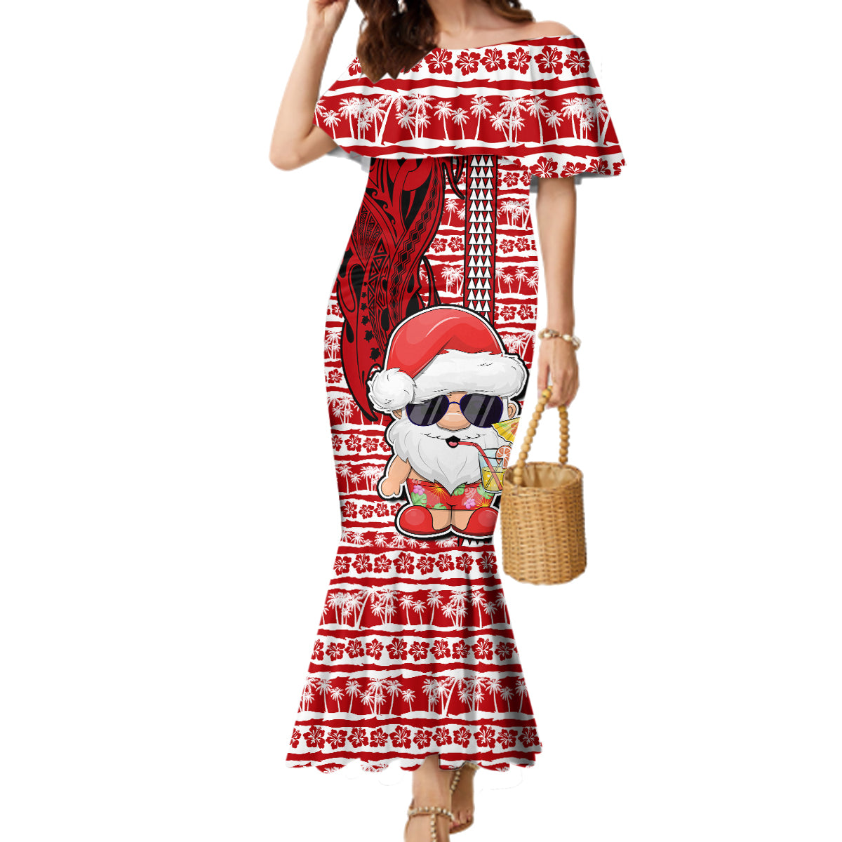 Mele Kalikimaka Hawaii Christmas Family Matching Mermaid Dress and Hawaiian Shirt Santa Claus Kakau Tribal Mix Polynesia Tattoo LT03 Mom's Dress Red - Polynesian Pride