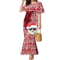Mele Kalikimaka Hawaii Christmas Family Matching Mermaid Dress and Hawaiian Shirt Santa Claus Kakau Tribal Mix Polynesia Tattoo LT03 Mom's Dress Red - Polynesian Pride