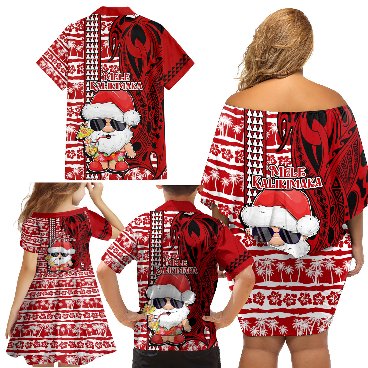 Mele Kalikimaka Hawaii Christmas Family Matching Off Shoulder Short Dress and Hawaiian Shirt Santa Claus Kakau Tribal Mix Polynesia Tattoo LT03 - Polynesian Pride