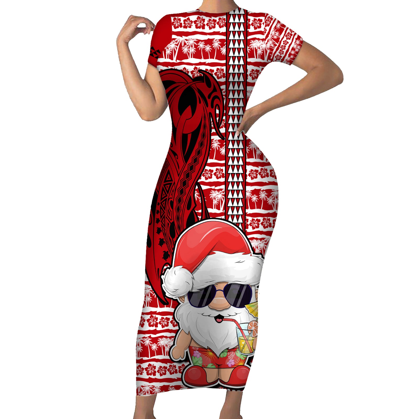 Custom Mele Kalikimaka Hawaii Christmas Short Sleeve Bodycon Dress Santa Claus Kakau Tribal Mix Polynesia Tattoo LT03 Long Dress Red - Polynesian Pride