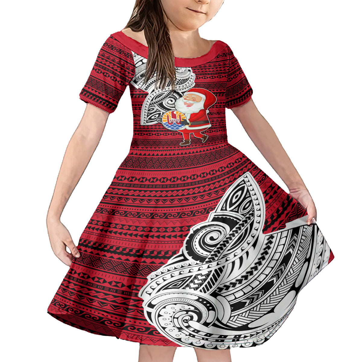 French Polynesia Christmas Family Matching Summer Maxi Dress and Hawaiian Shirt Santa Hold Seal with Polynesian Tribal Tattoo LT03 Daughter's Dress Red - Polynesian Pride