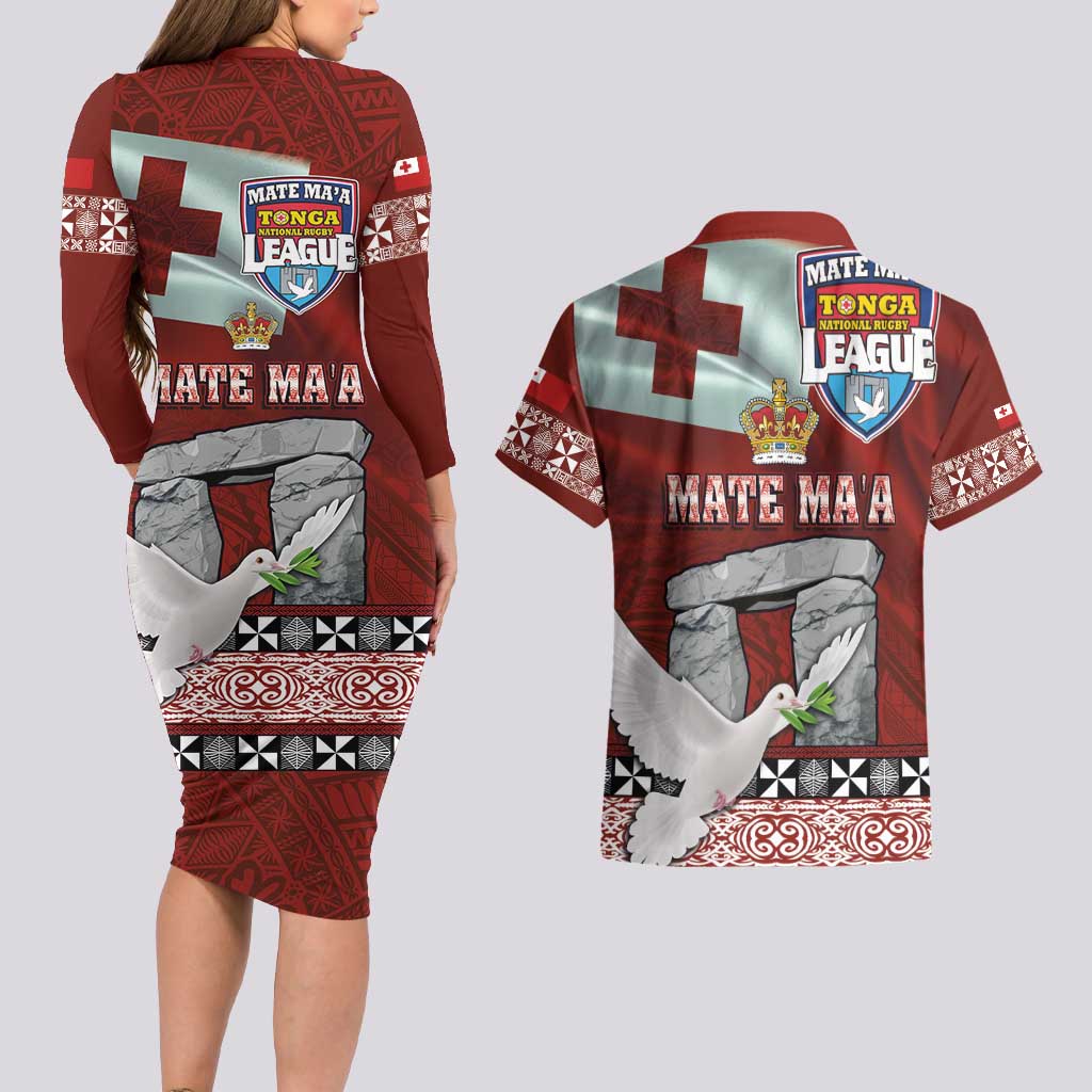 Mate Ma'a Tonga Couples Matching Long Sleeve Bodycon Dress and Hawaiian Shirt Haamonga a Maui and White Dove - Tongan Kupesi Ngatu LT03 - Polynesian Pride