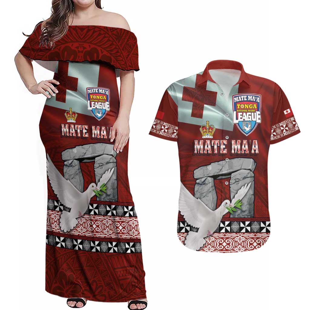 Mate Ma'a Tonga Couples Matching Off Shoulder Maxi Dress and Hawaiian Shirt Haamonga a Maui and White Dove - Tongan Kupesi Ngatu LT03 Red - Polynesian Pride